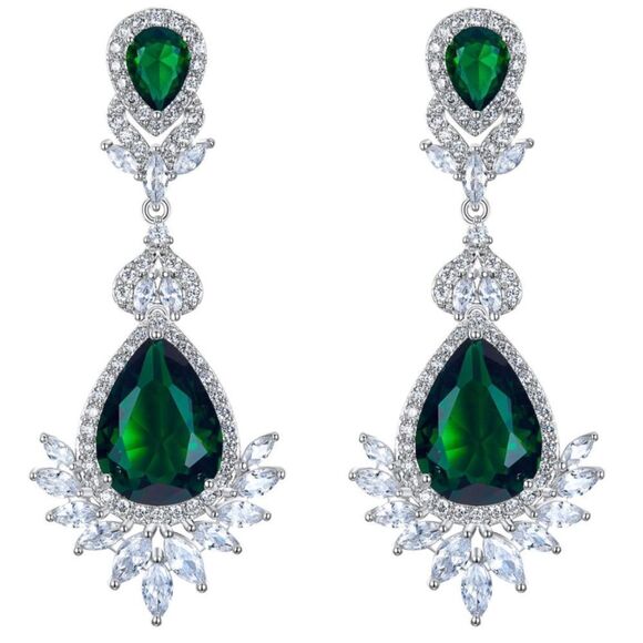 Silver with Emerald and Diamond Cubic Zirconia Vintage Style Chandelier Earrings